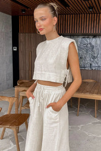 Spring Summer 2023 Women Holiday Linen Pant Set Crop Tops Solid Outfits 2 Two Piece Matching Set For Women