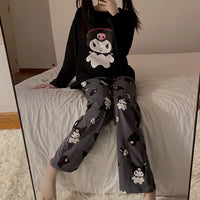 Cute Hello Kitty Kawaii Clothes Kuromi My Melody Cinnamoroll Flannel Pullover Warm Thick Pajamas Homewear Girl