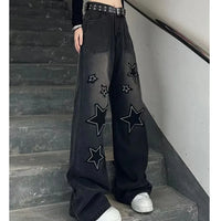 Fashion Star Patch Baggy Loose Boyfriend Jeans, Dark Wash Zipper Button Slash Pocket Wide Leg Denim Pants, Street Y2k Style