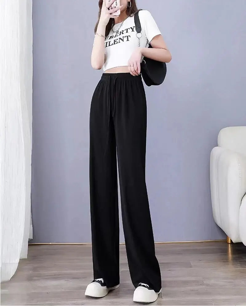 Women Pants Spring Summer Ice Silk Wide Leg Pants 2023 High Waist Loose Straight Casual Pant Female Outdoor Black Trousers