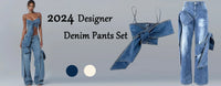 BKQU Sequins Denim Two Piece Pants Set Women Sexy Strapless Zipper Corset Tank Tops and Wide Leg Jeans Luxury Party Club Outfits