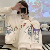 Cute Hello Kitty Kawaii Clothes Kuromi My Melody Cinnamoroll Flannel Pullover Warm Thick Pajamas Homewear Girl