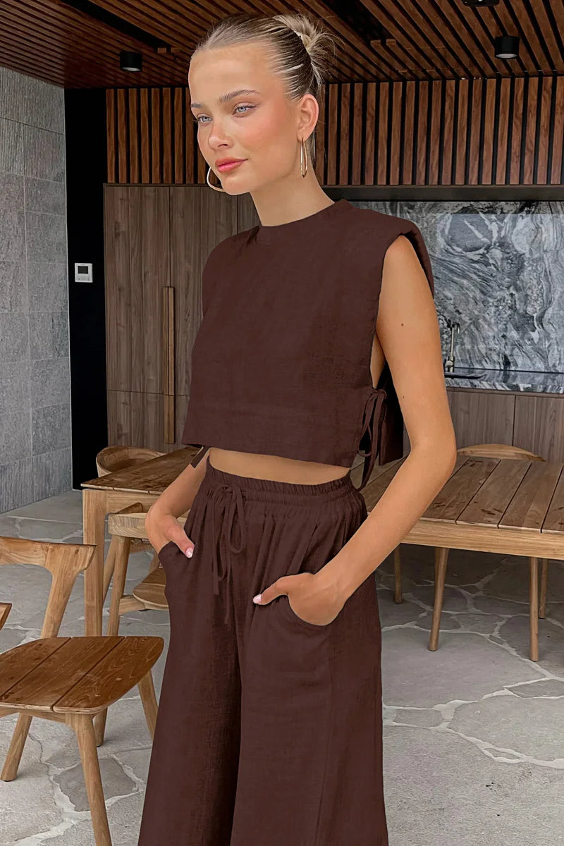 Spring Summer 2023 Women Holiday Linen Pant Set Crop Tops Solid Outfits 2 Two Piece Matching Set For Women