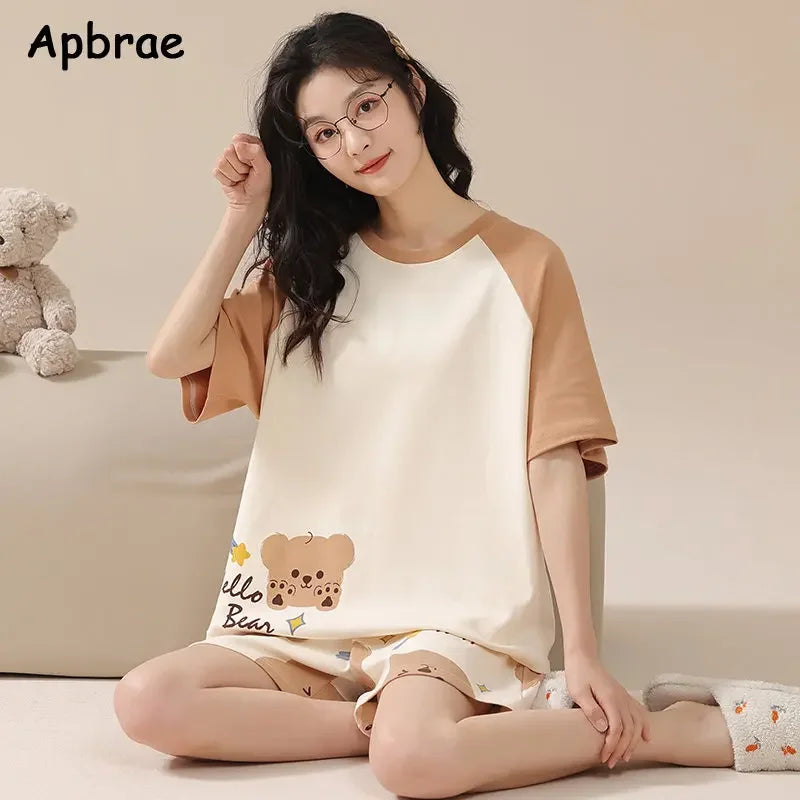 Women 100% Cotton High Quality Pajamas Short Sleeve Shorts Summer Pijamas Fashion Sleepwear Kawaii Bear Home Clothing Nightwear