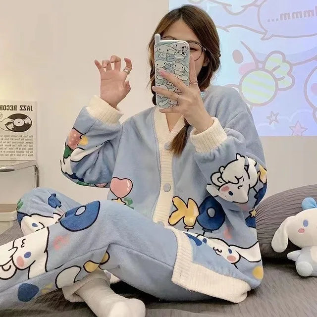 Cute Hello Kitty Kawaii Clothes Kuromi My Melody Cinnamoroll Flannel Pullover Warm Thick Pajamas Homewear Girl