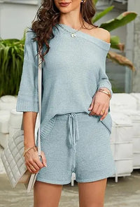 Women's 2 Piece Outfits Sweater Sets Off Shoulder Knit Top Shorts Matching Suits Cute Pajama Lounge Set