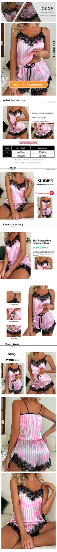 Two Piece Women's V-Neck Sexy Lace Suspender Pajama Shorts Set Casual Women's Sleeveless Sexy Pajama Set