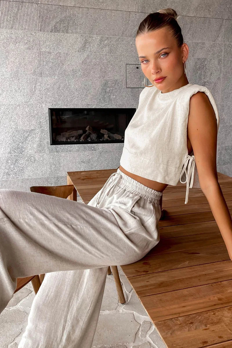 Spring Summer 2023 Women Holiday Linen Pant Set Crop Tops Solid Outfits 2 Two Piece Matching Set For Women