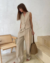 Bronladies Womem Linen Cotton Chic Vest ＆ Pants Suit Two-Piece Set Office Ladies Summer Chic 2 Piece Sets Womens Outfits