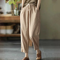 Rimocy 2024 Summer Casual Cotton Linen Pants Women Retro Pockets Loose Harem Pants Woman Solid Elastic Waist Trousers Female