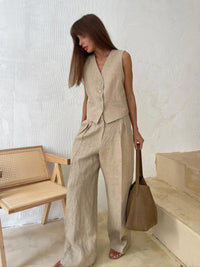 Bronladies Womem Linen Cotton Chic Vest ＆ Pants Suit Two-Piece Set Office Ladies Summer Chic 2 Piece Sets Womens Outfits