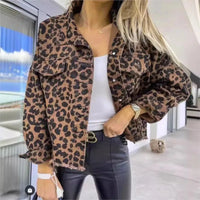 Fashionable And Trendy 2024 Women's Leopard Denim Jackets Fashion Female Casual Lapel Button Down Chest Pocket Jacket Denim Coat