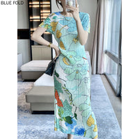 Miyake Pleated Two-Piece Set for Women Gentle Temperament Printed Suit Short-Sleeved Top and Skirt, High-end Summer Fashion, New