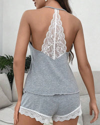 Women's Crochet Lace Pajamas Sleeveless V-Neck Set Casual Daily Wear 2 Piece Sleepwear Suit Sexy Solid Home Clothes Summer 2023