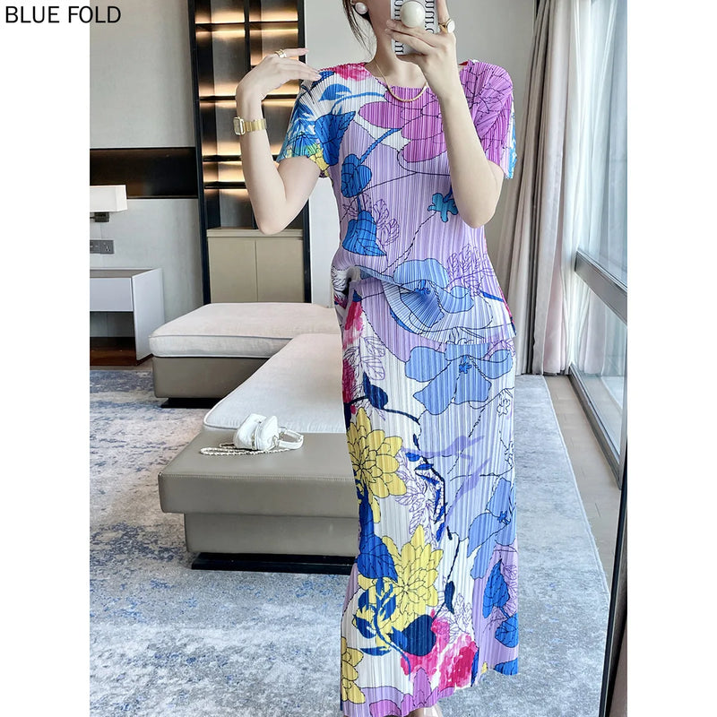 Miyake Pleated Two-Piece Set for Women Gentle Temperament Printed Suit Short-Sleeved Top and Skirt, High-end Summer Fashion, New