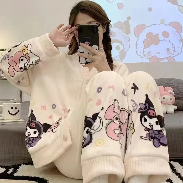 Cute Hello Kitty Kawaii Clothes Kuromi My Melody Cinnamoroll Flannel Pullover Warm Thick Pajamas Homewear Girl