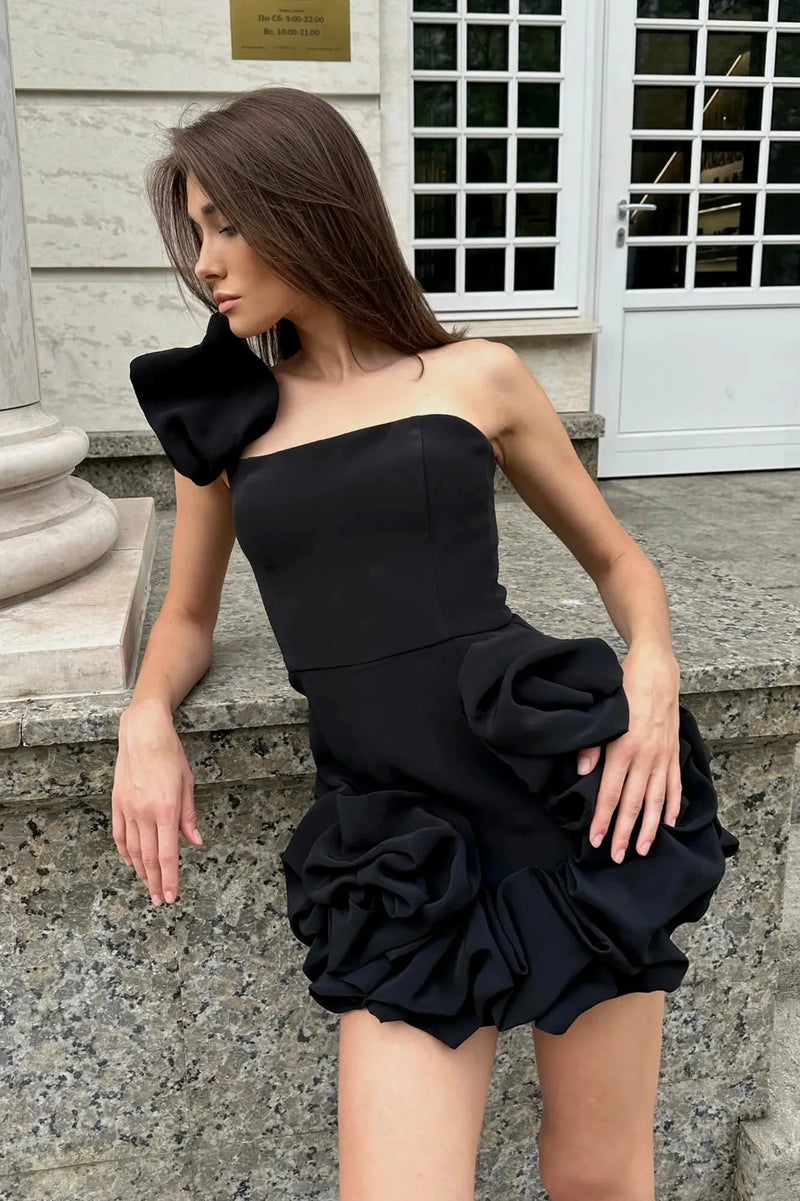 2024 Summer Fashion Elegant Party Evening Dresses Flower Dress For Women Sleeveless Off Shoulder Sexy Pleated Rose Mini Dress