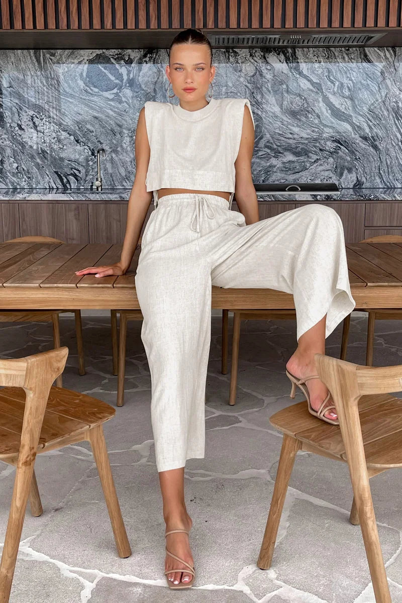 Spring Summer 2023 Women Holiday Linen Pant Set Crop Tops Solid Outfits 2 Two Piece Matching Set For Women