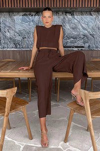 Spring Summer 2023 Women Holiday Linen Pant Set Crop Tops Solid Outfits 2 Two Piece Matching Set For Women