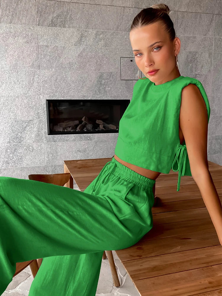 Spring Summer 2023 Women Holiday Linen Pant Set Crop Tops Solid Outfits 2 Two Piece Matching Set For Women