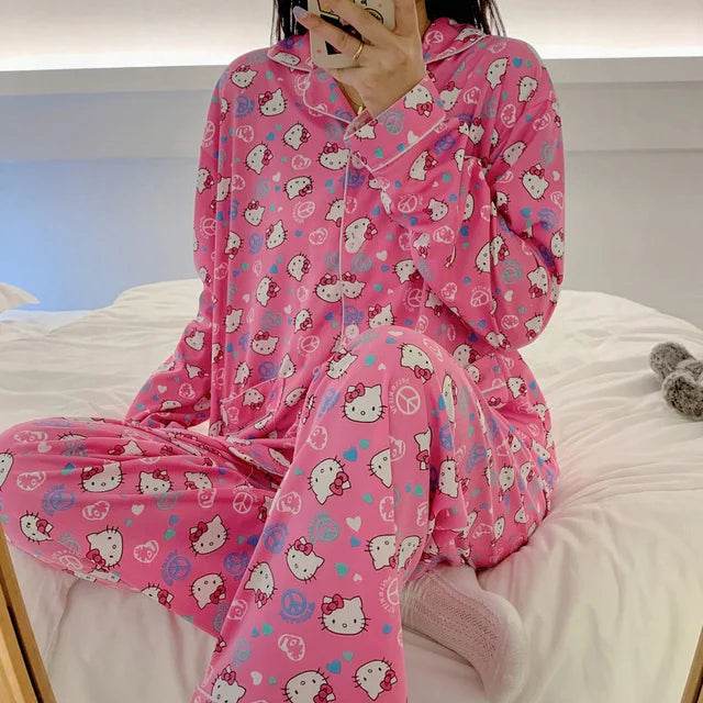 Cute Hello Kitty Kawaii Clothes Kuromi My Melody Cinnamoroll Flannel Pullover Warm Thick Pajamas Homewear Girl