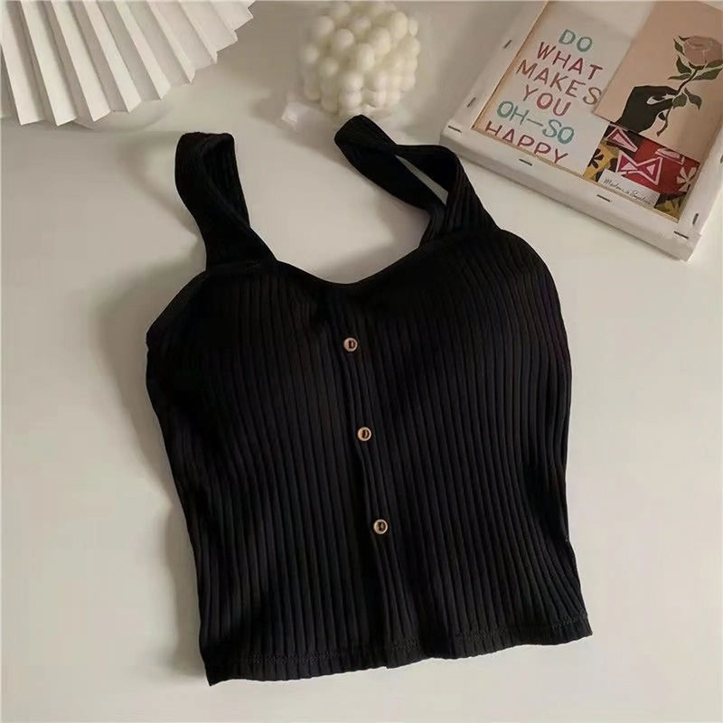 Women's Y2K Cropped Tops with Bra Pads Summer Corset Korean Suspenders Vest Sexy Camisole Slim New