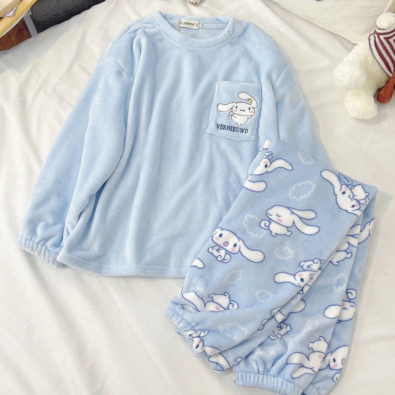 Cute Hello Kitty Kawaii Clothes Kuromi My Melody Cinnamoroll Flannel Pullover Warm Thick Pajamas Homewear Girl