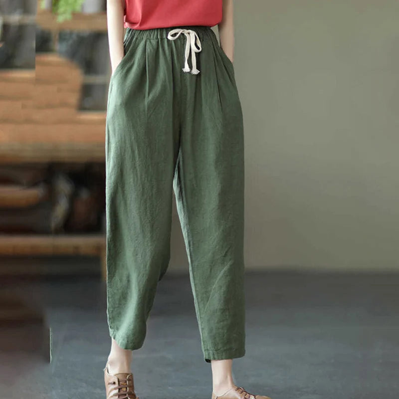 Rimocy 2024 Summer Casual Cotton Linen Pants Women Retro Pockets Loose Harem Pants Woman Solid Elastic Waist Trousers Female