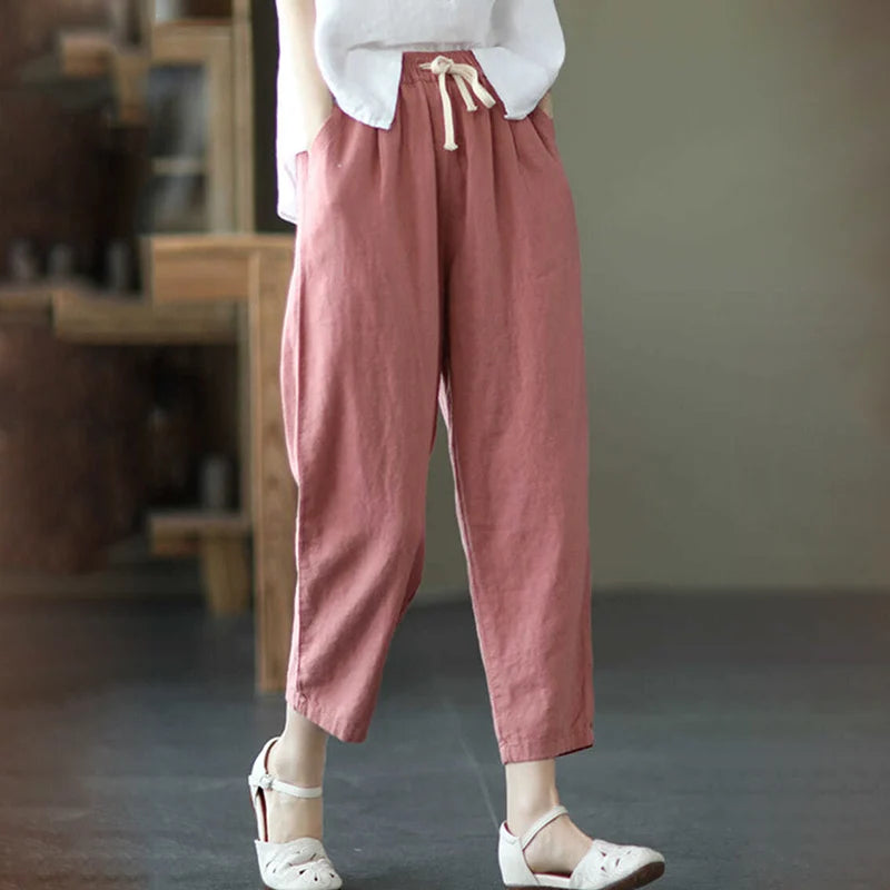 Rimocy 2024 Summer Casual Cotton Linen Pants Women Retro Pockets Loose Harem Pants Woman Solid Elastic Waist Trousers Female