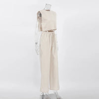 Spring Summer 2023 Women Holiday Linen Pant Set Crop Tops Solid Outfits 2 Two Piece Matching Set For Women