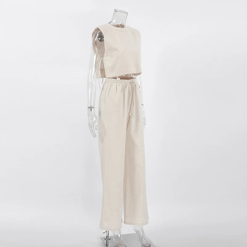 Spring Summer 2023 Women Holiday Linen Pant Set Crop Tops Solid Outfits 2 Two Piece Matching Set For Women