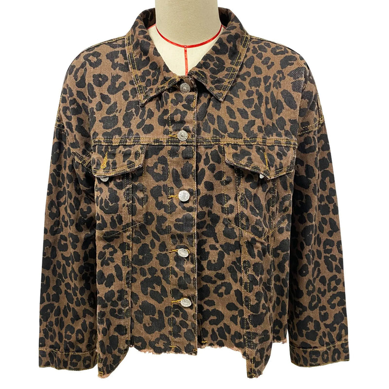 Fashionable And Trendy 2024 Women's Leopard Denim Jackets Fashion Female Casual Lapel Button Down Chest Pocket Jacket Denim Coat