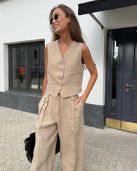 Bronladies Womem Linen Cotton Chic Vest ＆ Pants Suit Two-Piece Set Office Ladies Summer Chic 2 Piece Sets Womens Outfits