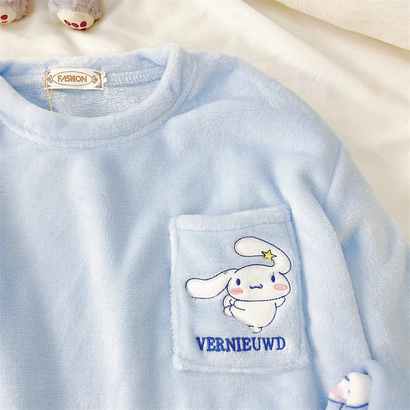 Cute Hello Kitty Kawaii Clothes Kuromi My Melody Cinnamoroll Flannel Pullover Warm Thick Pajamas Homewear Girl