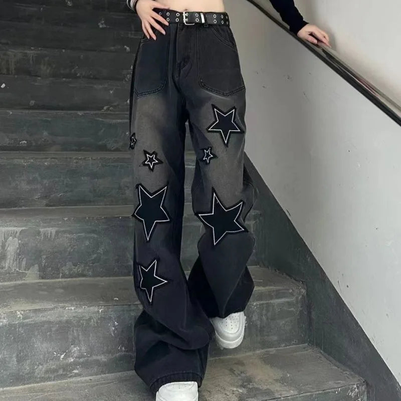 Fashion Star Patch Baggy Loose Boyfriend Jeans, Dark Wash Zipper Button Slash Pocket Wide Leg Denim Pants, Street Y2k Style