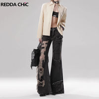 REDDACHiC Acubi Fashion Women Cargo Pockets Flare Jeans High Waist Spliced Raw Hem Ripped Hole Bootcut Pants Grunge Y2k Clothes