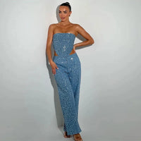 BKQU Sequins Denim Two Piece Pants Set Women Sexy Strapless Zipper Corset Tank Tops and Wide Leg Jeans Luxury Party Club Outfits