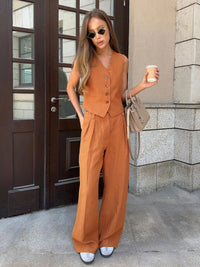 Bronladies Womem Linen Cotton Chic Vest ＆ Pants Suit Two-Piece Set Office Ladies Summer Chic 2 Piece Sets Womens Outfits