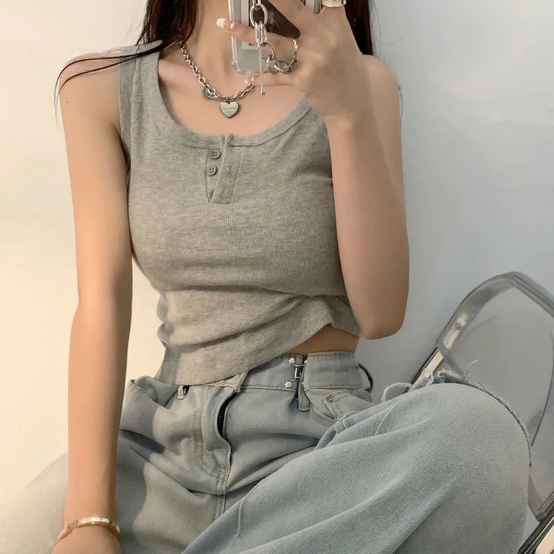 Tank Top for Women Ribbed Button Down Sleeveless Blouse Solid Color Casual Women's Teens Trendy Basic Summer Dresses