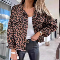 Fashionable And Trendy 2024 Women's Leopard Denim Jackets Fashion Female Casual Lapel Button Down Chest Pocket Jacket Denim Coat