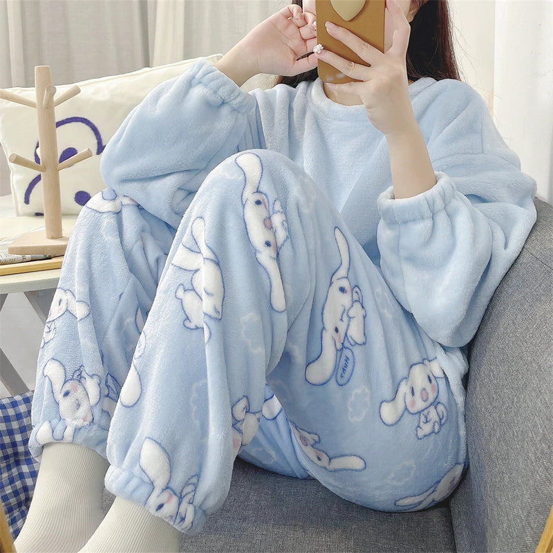 Cute Hello Kitty Kawaii Clothes Kuromi My Melody Cinnamoroll Flannel Pullover Warm Thick Pajamas Homewear Girl