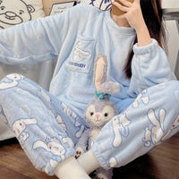 Cute Hello Kitty Kawaii Clothes Kuromi My Melody Cinnamoroll Flannel Pullover Warm Thick Pajamas Homewear Girl