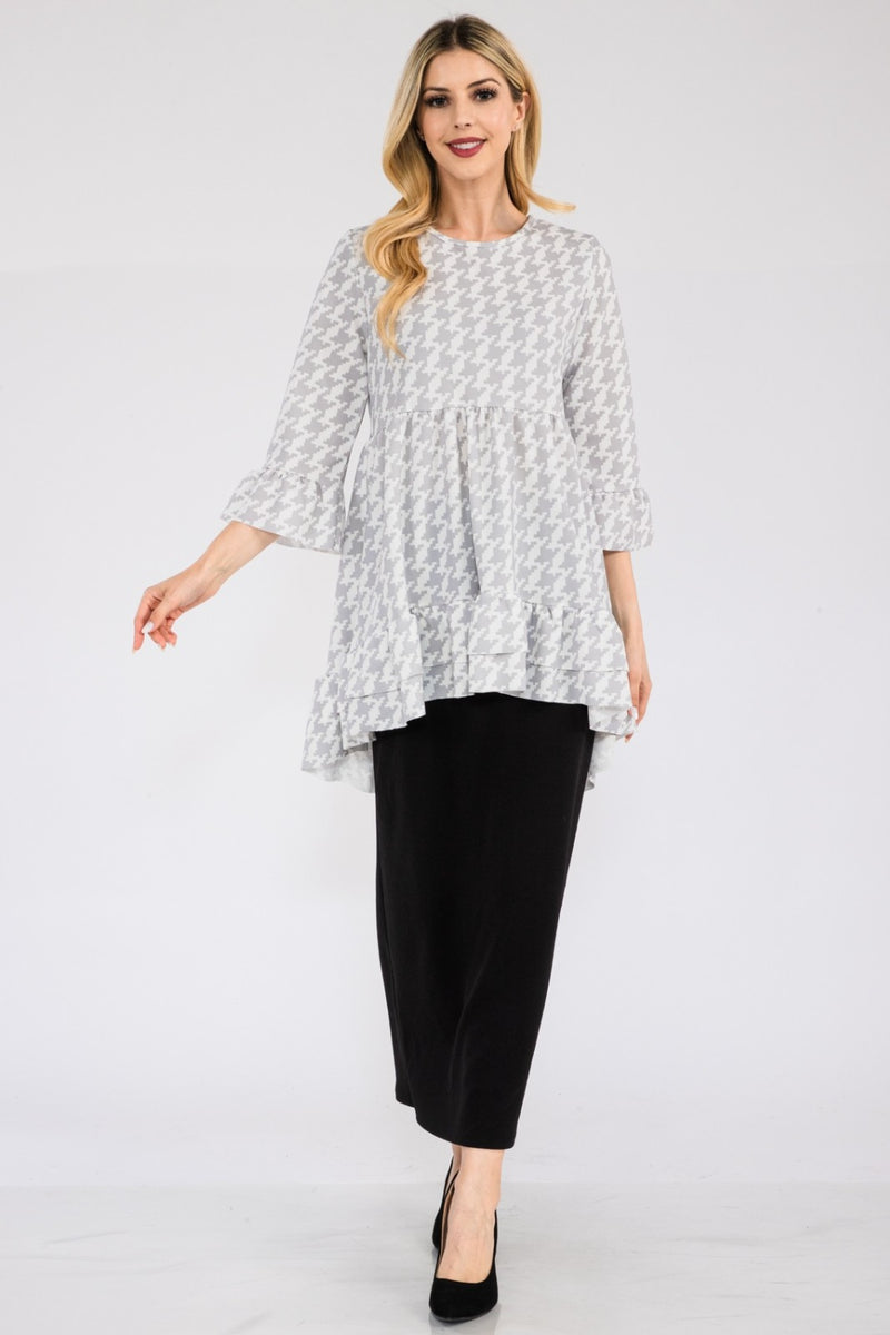 Celeste Full Size Houndstooth Flounce Sleeve High-Low Top