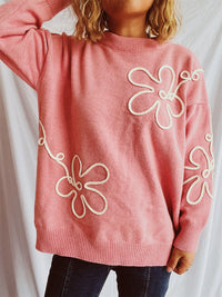 Flower Round Neck Long Sleeve Sweater