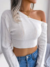 Chic One Shoulder Crop Sweater - Long Sleeve Skew Neck Pointelle Knit Top with Feminine Silhouette - Women's Fashion Clothing for Casual Daily Wear