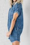 Raw Hem Pocketed Cap Sleeve Denim Dress