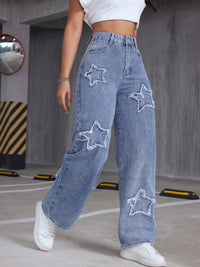 Star Raw Hem Patchwork Straight Jeans, Loose Fit Slant Pockets Denim Pants, Women's Denim Jeans & Clothing