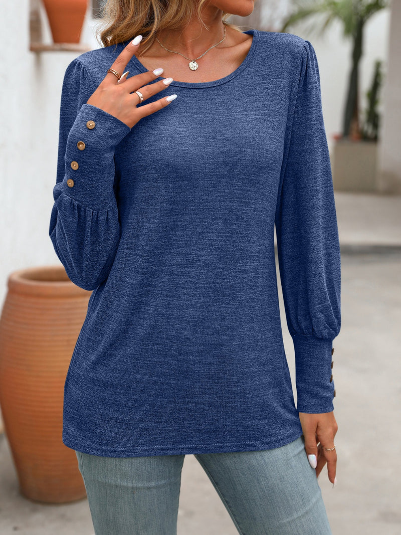 Decorative Button Round Neck Long Sleeve T-Shirt