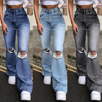 Trendy Ripped Cut Out Flare Leg Pants - Distressed High Waist Denim Pants with Functional Pocket, Stretchy Fabric, and Chic Design for Women's Fashion Clothing