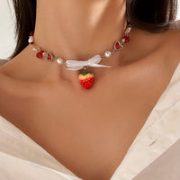 Cute Three-dimensional Strawberry Pendant Beaded Necklace Holiday Summer Party Jewelry Gift For Girls